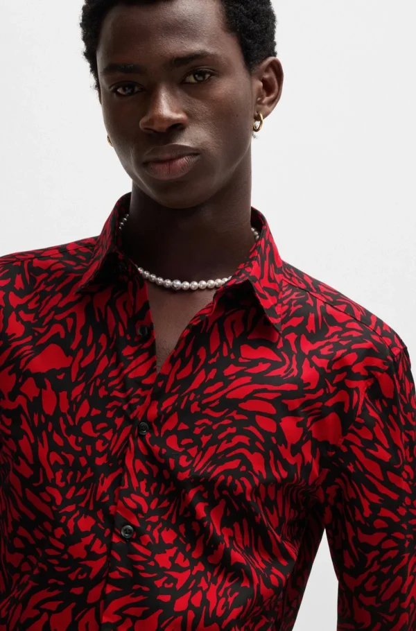 HUGO BOSS Camisas>Camisa De Ajuste Slim Em Popelina De Algodão Estampada
