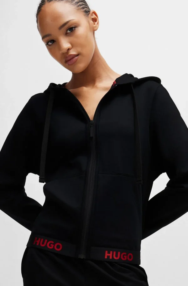 MULHER HUGO BOSS Pijamas E Loungewear>Camisola Com Capuz De Mistura De Algodão Com Fecho De Correr E Cós Com Logótipo