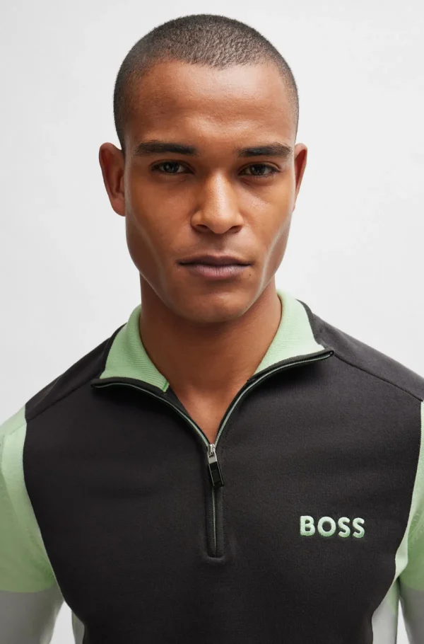 HUGO BOSS Camisolas E Cardigans>Camisola Com Fecho De Mistura De Algodão E Logótipos Bordados