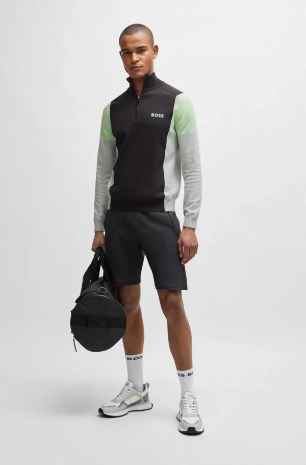 HUGO BOSS Camisolas E Cardigans>Camisola Com Fecho De Mistura De Algodão E Logótipos Bordados