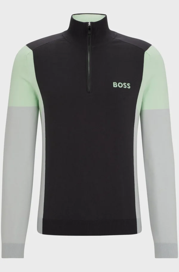 HUGO BOSS Camisolas E Cardigans>Camisola Com Fecho De Mistura De Algodão E Logótipos Bordados