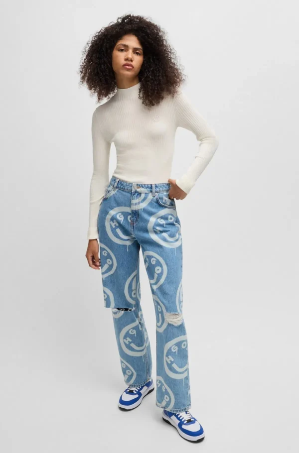 MULHER HUGO BOSS Camisolas E Cardigans>Camisola De Gola Alta Com Logótipo De Happy HUGO Bordado