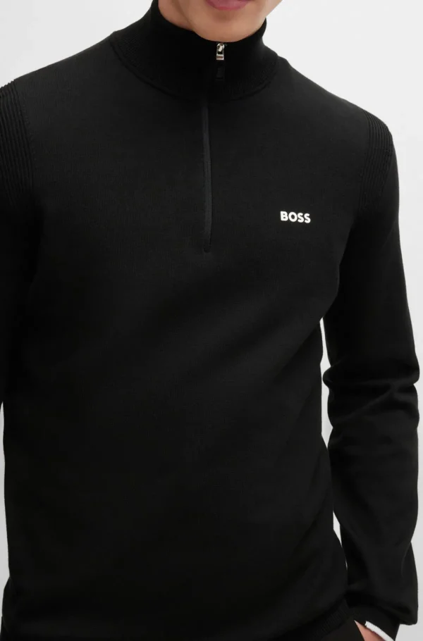 HUGO BOSS Camisolas E Cardigans>Camisola De Gola Com Fecho Em Mistura De Algodão Com Logótipo Estampado