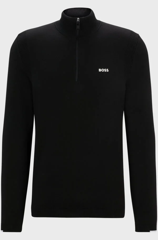 HUGO BOSS Camisolas E Cardigans>Camisola De Gola Com Fecho Em Mistura De Algodão Com Logótipo Estampado