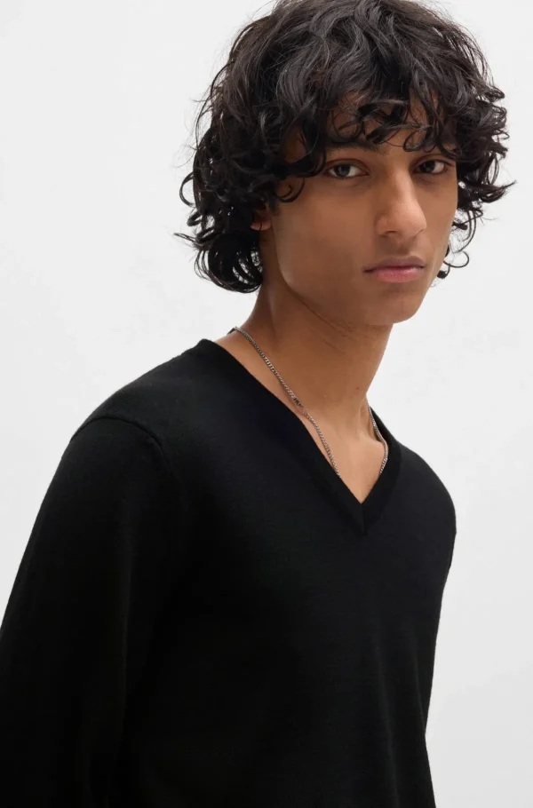HUGO BOSS Camisolas E Cardigans>Camisola De Gola Em V De Ajuste Regular Em Lã Virgem