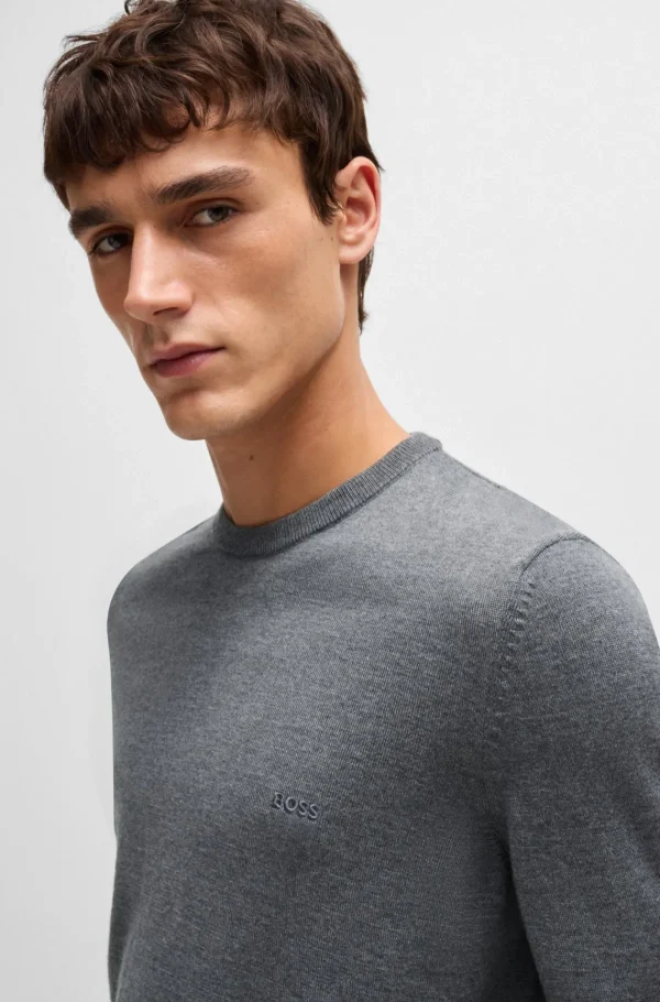 HUGO BOSS Camisolas E Cardigans>Camisola De Gola Redonda Em Lã Virgem Com Logótipo Bordado