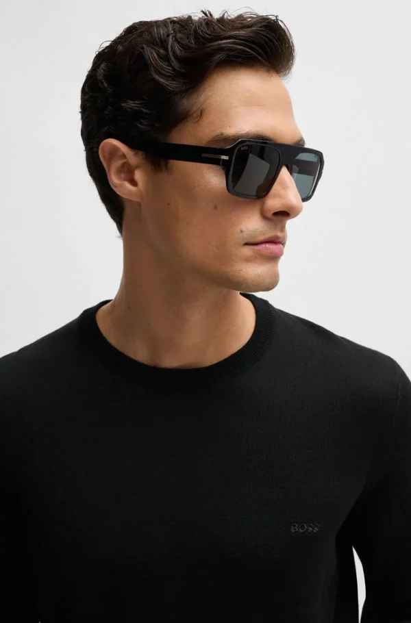 HUGO BOSS Camisolas E Cardigans>Camisola De Gola Redonda Em Lã Virgem Com Logótipo Bordado