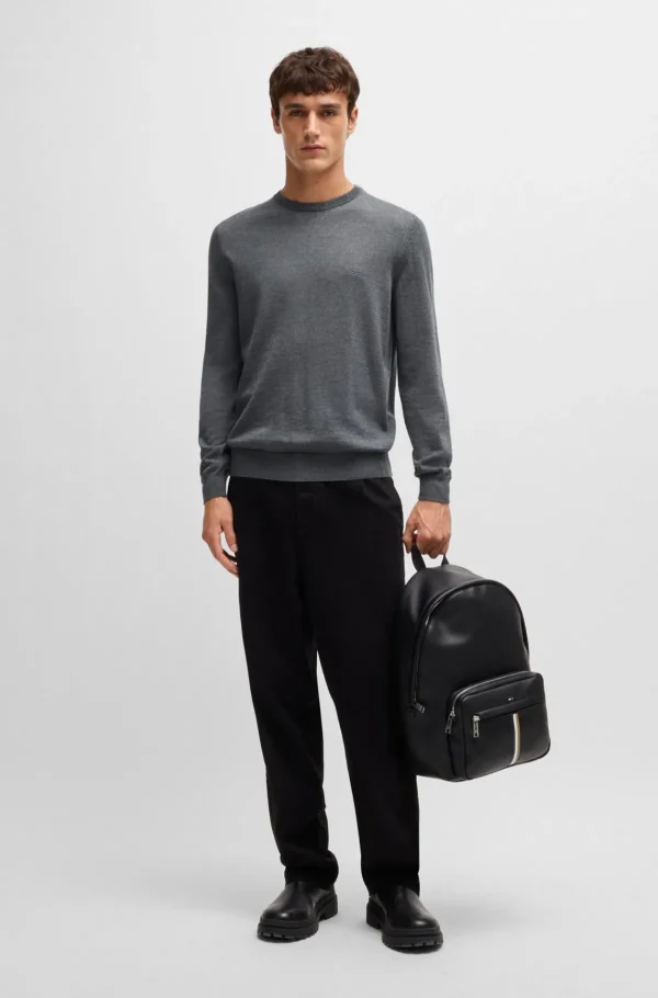 HUGO BOSS Camisolas E Cardigans>Camisola De Gola Redonda Em Lã Virgem Com Logótipo Bordado