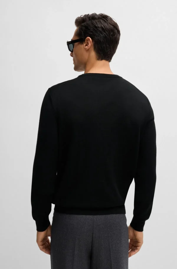 HUGO BOSS Camisolas E Cardigans>Camisola De Gola Redonda Em Lã Virgem Com Logótipo Bordado
