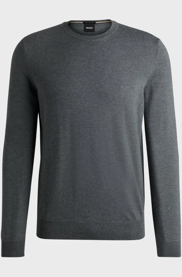 HUGO BOSS Camisolas E Cardigans>Camisola De Gola Redonda Em Lã Virgem Com Logótipo Bordado