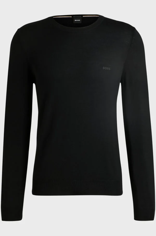HUGO BOSS Camisolas E Cardigans>Camisola De Gola Redonda Em Lã Virgem Com Logótipo Bordado