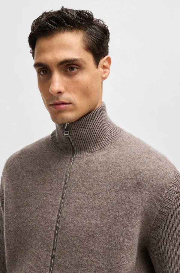 HUGO BOSS Camisolas E Cardigans>Cardigan De Estrutura Mista Em Algodão E Lã