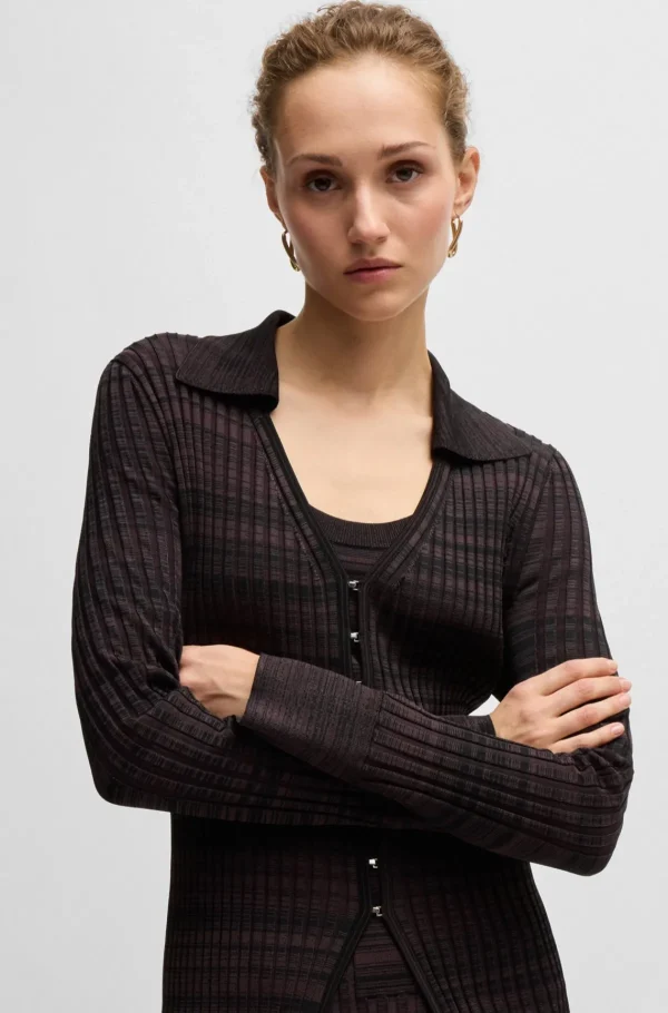 MULHER HUGO BOSS Camisolas E Cardigans>Cardigan De Gola Em V Em Tecido Elástico Canelado Com Colarinho
