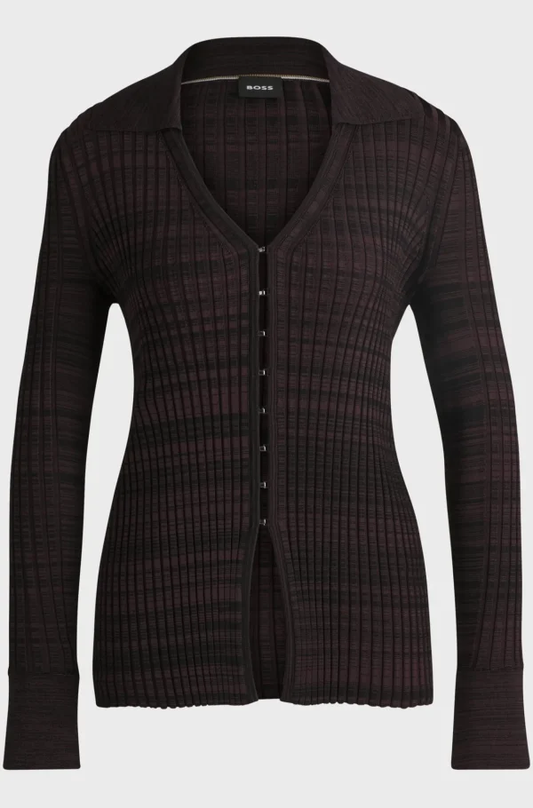 MULHER HUGO BOSS Camisolas E Cardigans>Cardigan De Gola Em V Em Tecido Elástico Canelado Com Colarinho