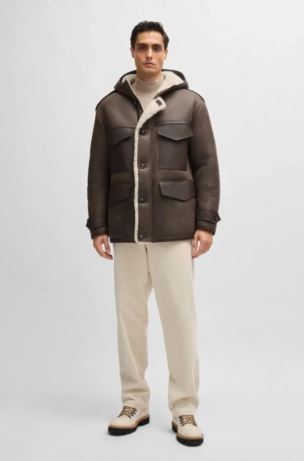 HUGO BOSS Casacos>Casaco Com Capuz De Ajuste Regular Em Pele De Ovelha Com Bolsos De Chapa