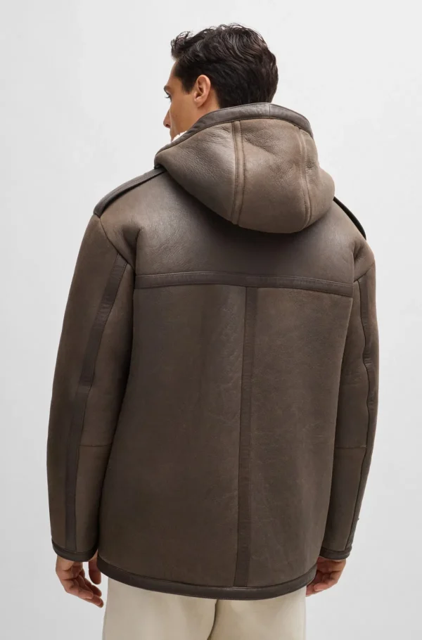 HUGO BOSS Casacos>Casaco Com Capuz De Ajuste Regular Em Pele De Ovelha Com Bolsos De Chapa