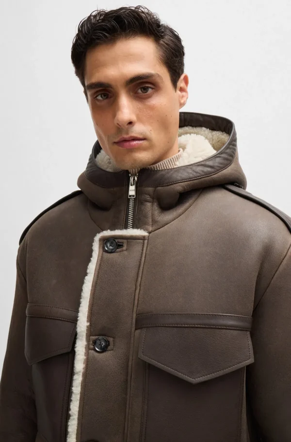 HUGO BOSS Casacos>Casaco Com Capuz De Ajuste Regular Em Pele De Ovelha Com Bolsos De Chapa