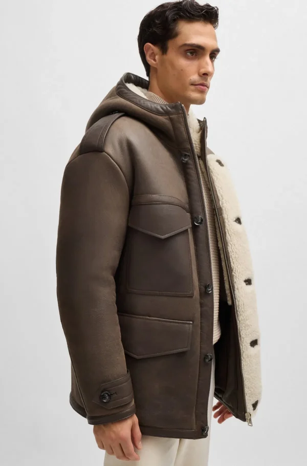 HUGO BOSS Casacos>Casaco Com Capuz De Ajuste Regular Em Pele De Ovelha Com Bolsos De Chapa
