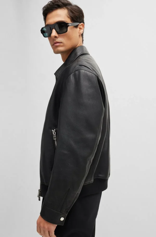 HUGO BOSS Casacos>Casaco De Ajuste Regular Em Pele Suave Com Colarinho Mandarim