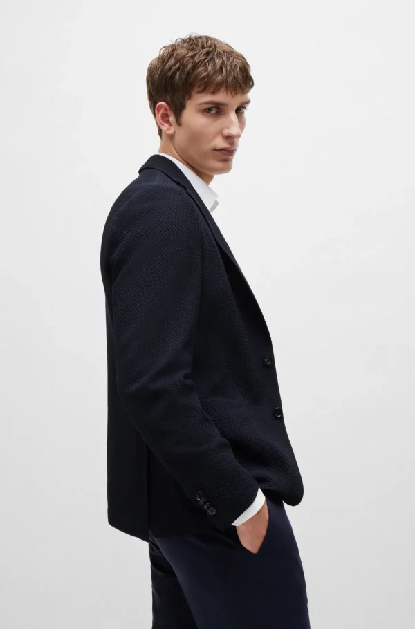 HUGO BOSS Blazers>Casaco De Ajuste Slim Em Tecido Seersucker Com Mistura De Lã