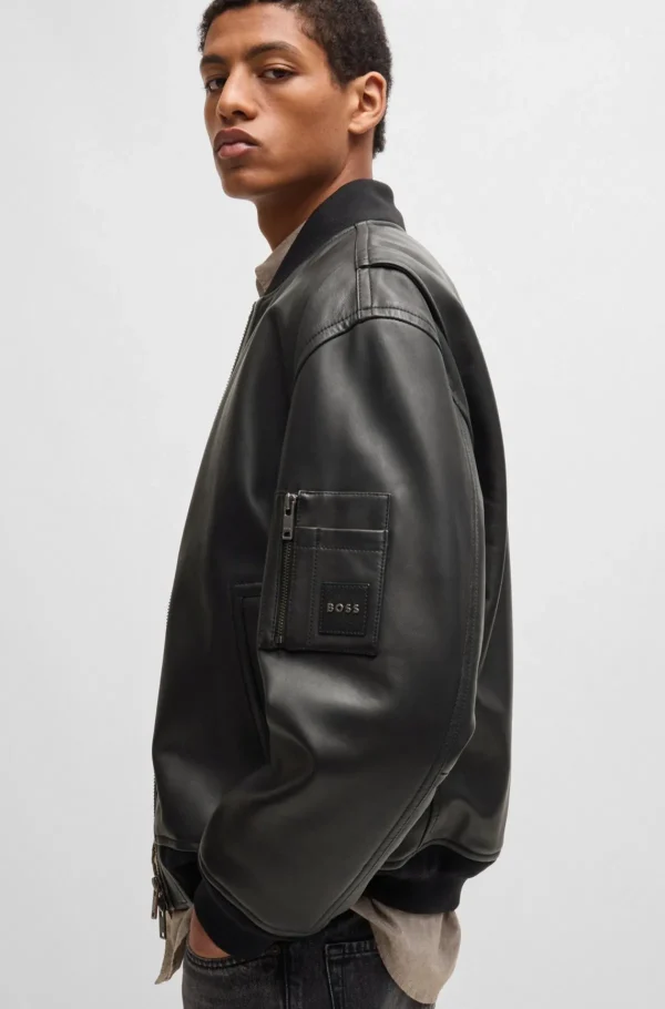 HUGO BOSS Casacos>Casaco De Pele De Ajuste Descontraído Com Bolso Na Manga Da Marca