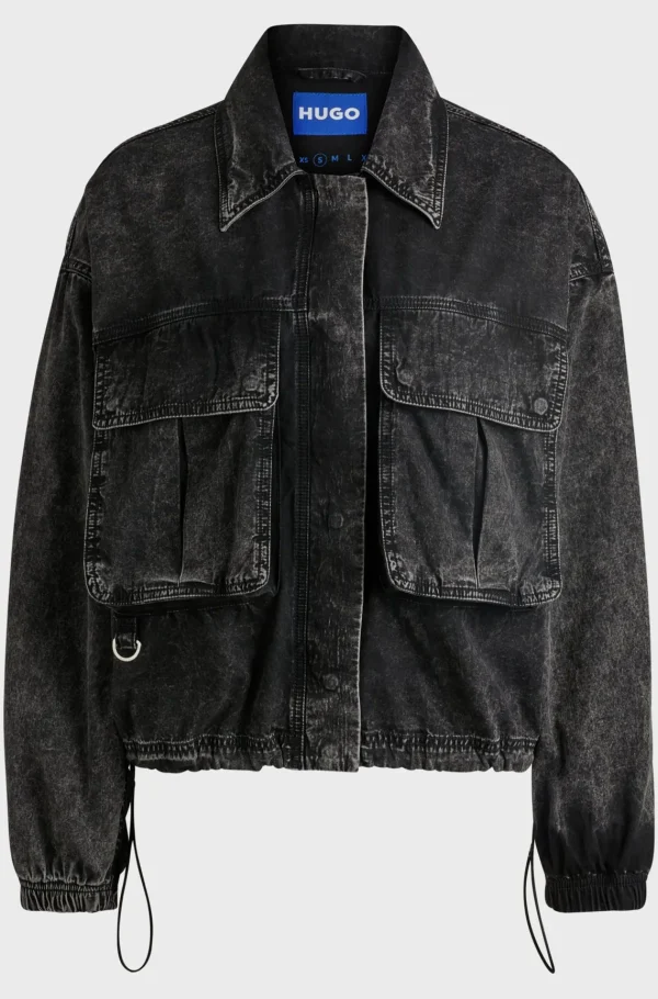 HUGO BOSS Casacos>Casaco Estilo Bomber Recortado Em Ganga Rígida Preta