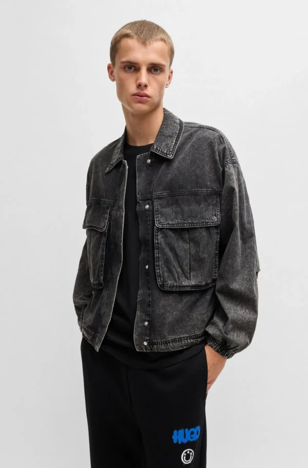 HUGO BOSS Casacos>Casaco Estilo Bomber Recortado Em Ganga Rígida Preta