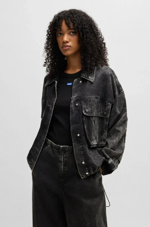 HUGO BOSS Casacos>Casaco Estilo Bomber Recortado Em Ganga Rígida Preta