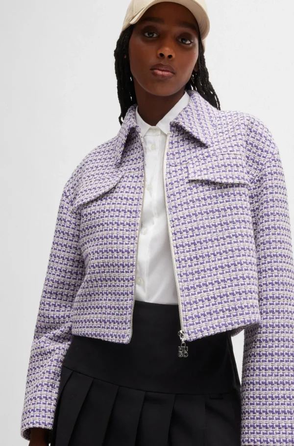 MULHER HUGO BOSS Blazers>Casaco Recortado De Ajuste Descontraído Em Mistura De Algodão Estampado