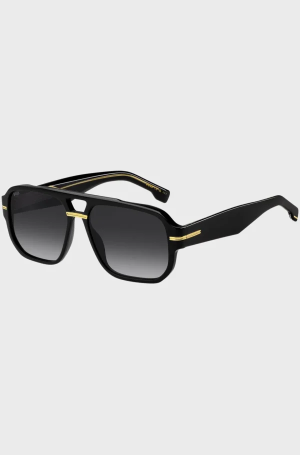 HUGO BOSS Óculos>Óculos Escuros Em Acetato Preto Com Detalhes Em Tom Dourado