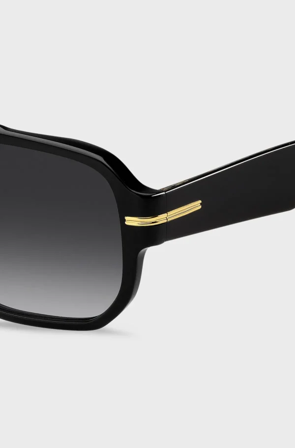 HUGO BOSS Óculos>Óculos Escuros Em Acetato Preto Com Detalhes Em Tom Dourado