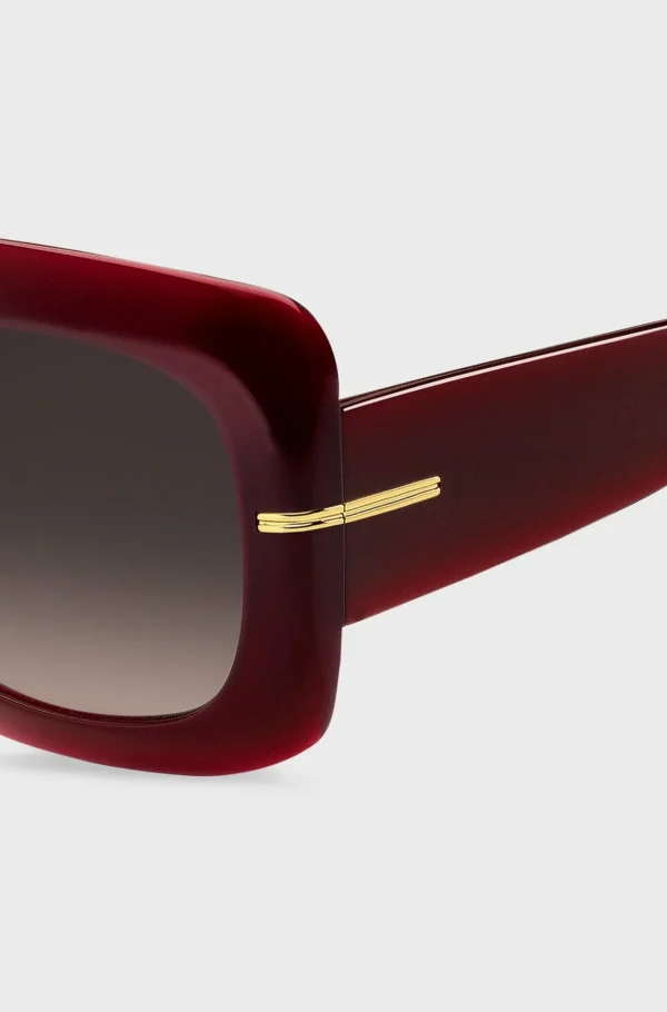 MULHER HUGO BOSS Óculos>Óculos Escuros Em Acetato Bordô Com Dobradiças Em Tom Dourado