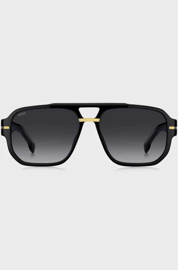 HUGO BOSS Óculos>Óculos Escuros Em Acetato Preto Com Detalhes Em Tom Dourado