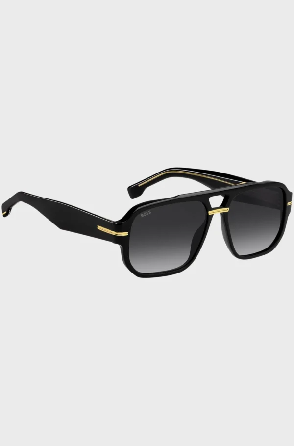 HUGO BOSS Óculos>Óculos Escuros Em Acetato Preto Com Detalhes Em Tom Dourado