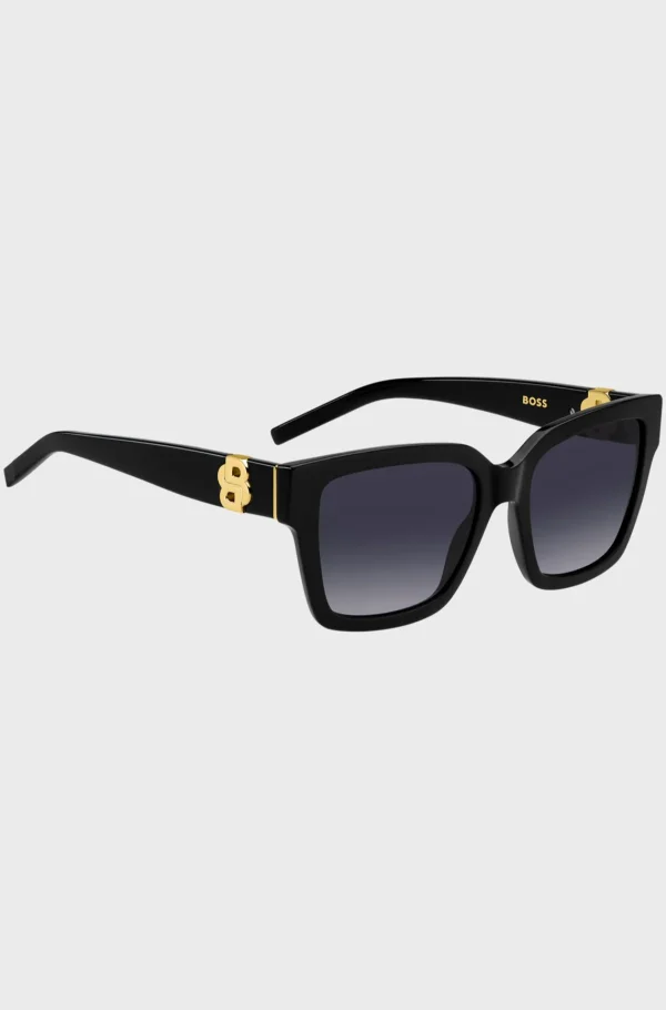 MULHER HUGO BOSS Óculos>Óculos Escuros Em Acetato Preto Com Monogramas Double B Dourados