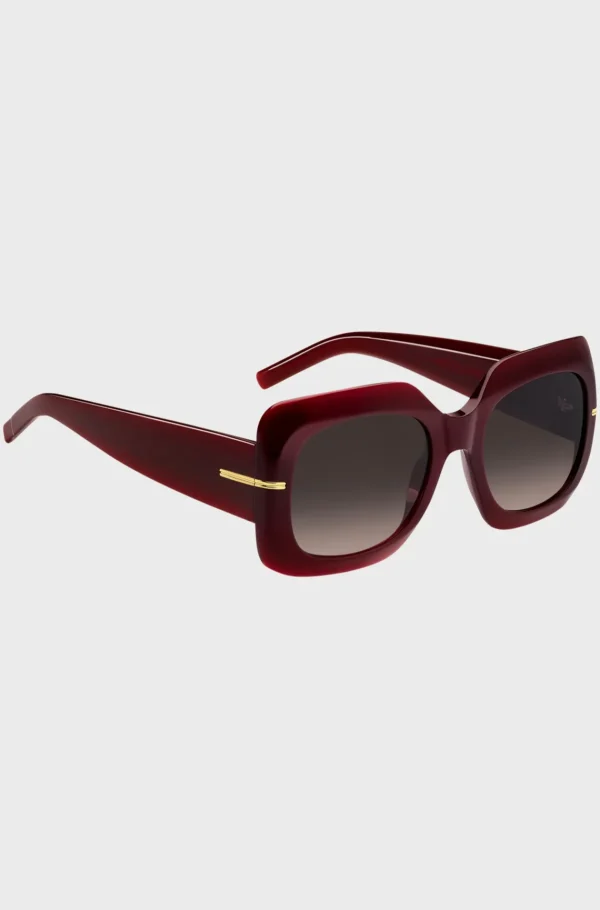 MULHER HUGO BOSS Óculos>Óculos Escuros Em Acetato Bordô Com Dobradiças Em Tom Dourado