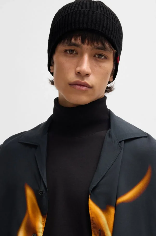 HUGO BOSS Bonés E Gorros>Gorro Em Mistura De Lã Canelado Com Etiqueta Com Logótipo