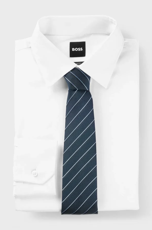 HUGO BOSS Gravatas E Lenços De Bolso>Gravata às Riscas Em Mistura De Tecido Jacquard Com Seda