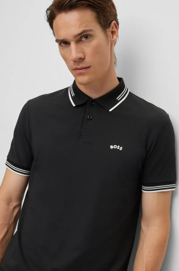 HUGO BOSS Polos>Polo De Ajuste Slim De Algodão Elástico Com Logótipo Curvo