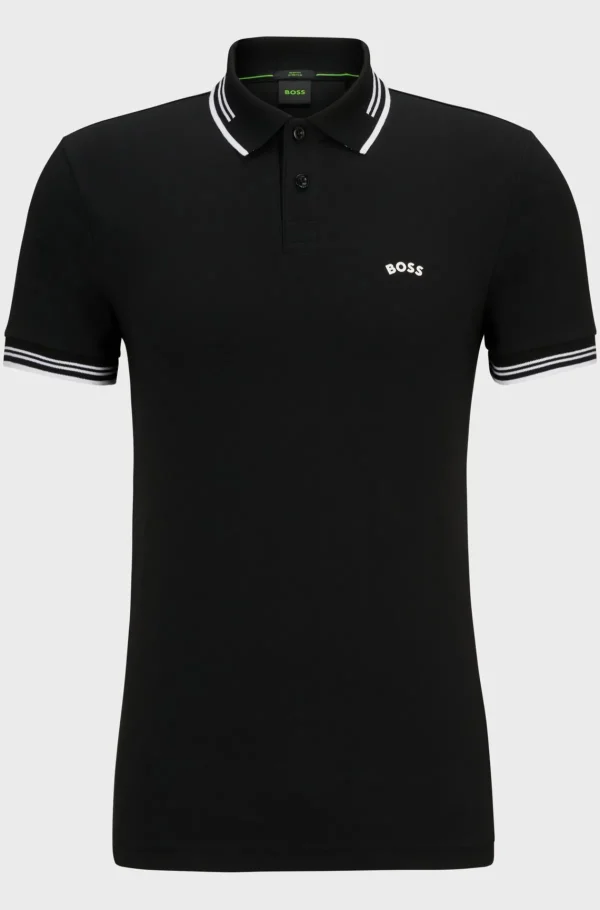HUGO BOSS Polos>Polo De Ajuste Slim De Algodão Elástico Com Logótipo Curvo
