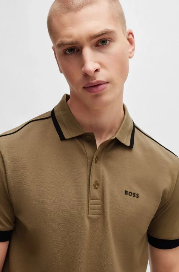 HUGO BOSS Polos>Polo De Algodão Piqué Com Riscas E Logótipo Contrastantes