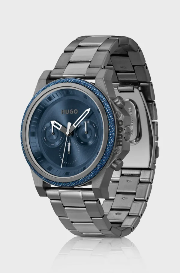 HUGO BOSS Relógios>Relógio Com Bracelete De Elos Com Mostrador Azul E Moldura Em Ganga