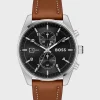 HUGO BOSS Relógios>Relógio Cronógrafo Com Mostrador Preto E Bracelete Em Pele Castanha