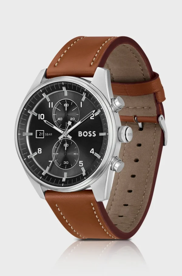 HUGO BOSS Relógios>Relógio Cronógrafo Com Mostrador Preto E Bracelete Em Pele Castanha