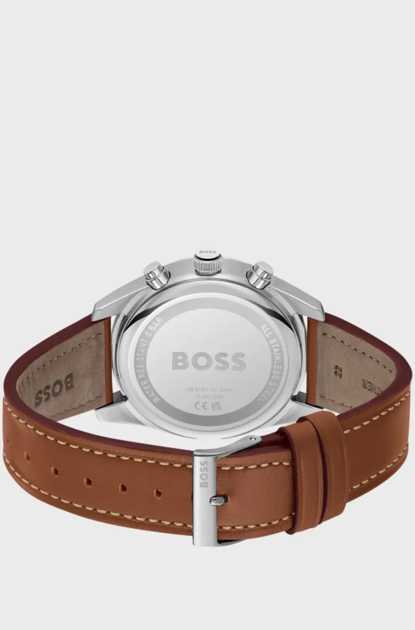 HUGO BOSS Relógios>Relógio Cronógrafo Com Mostrador Preto E Bracelete Em Pele Castanha