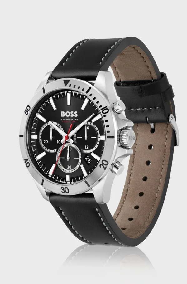 HUGO BOSS Relógios>Relógio Cronógrafo Com Vários Mostradores E Bracelete Em Pele Preta