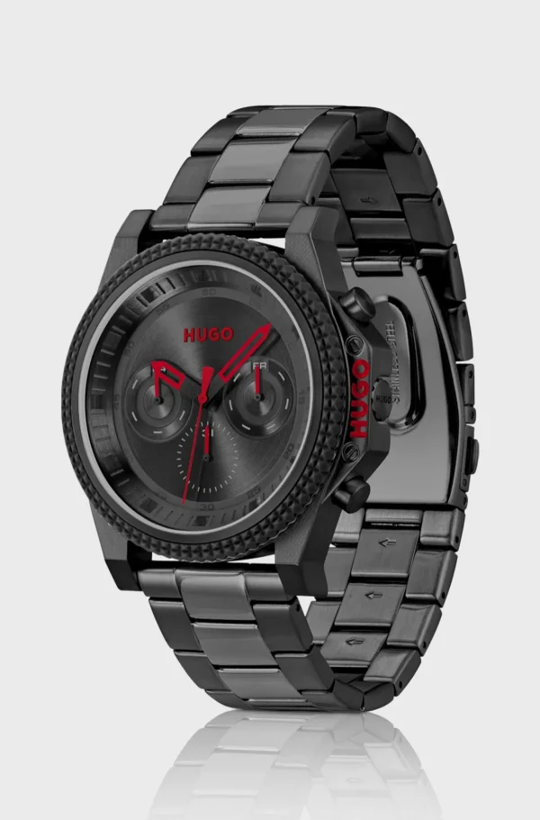 HUGO BOSS Relógios>Relógio De Bracelete Metálica Com Mostrador Preto E Moldura De Silicone