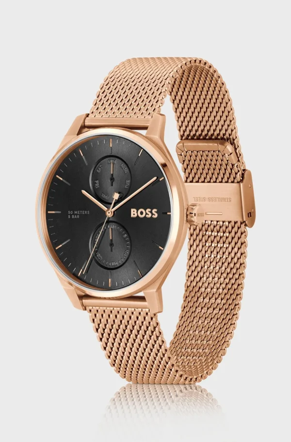 HUGO BOSS Relógios>Relógio De Mostrador Preto Com Bracelete De Malha Em Tom De Ouro Rosa