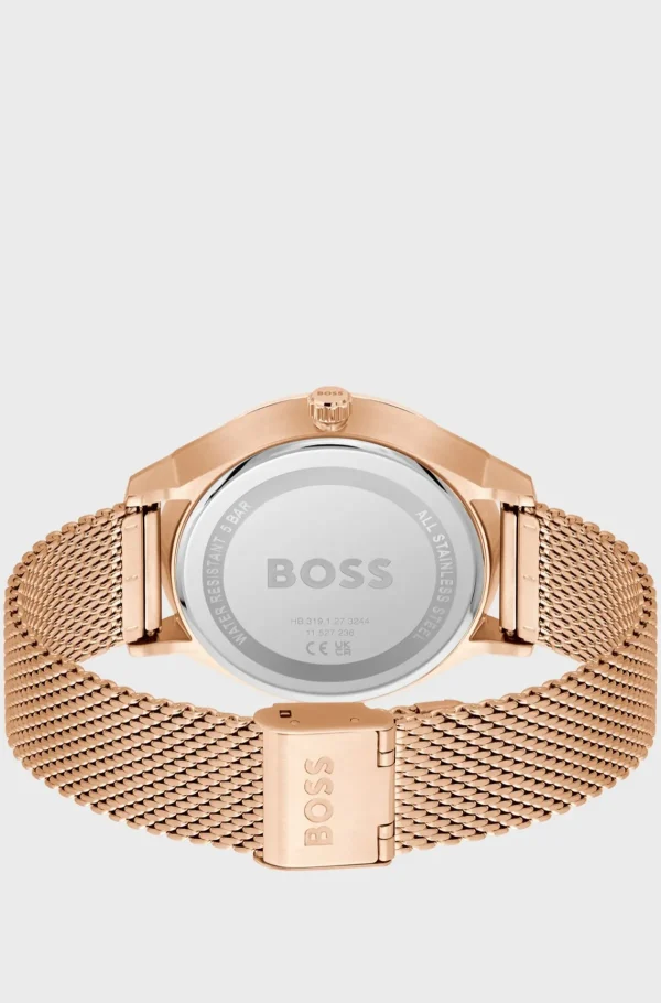 HUGO BOSS Relógios>Relógio De Mostrador Preto Com Bracelete De Malha Em Tom De Ouro Rosa