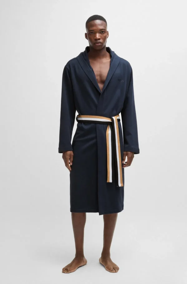 HUGO BOSS Pijamas E Loungewear>Roupão Com Capuz Em Terry De Algodão Com Cinto Com Riscas De Assinatura